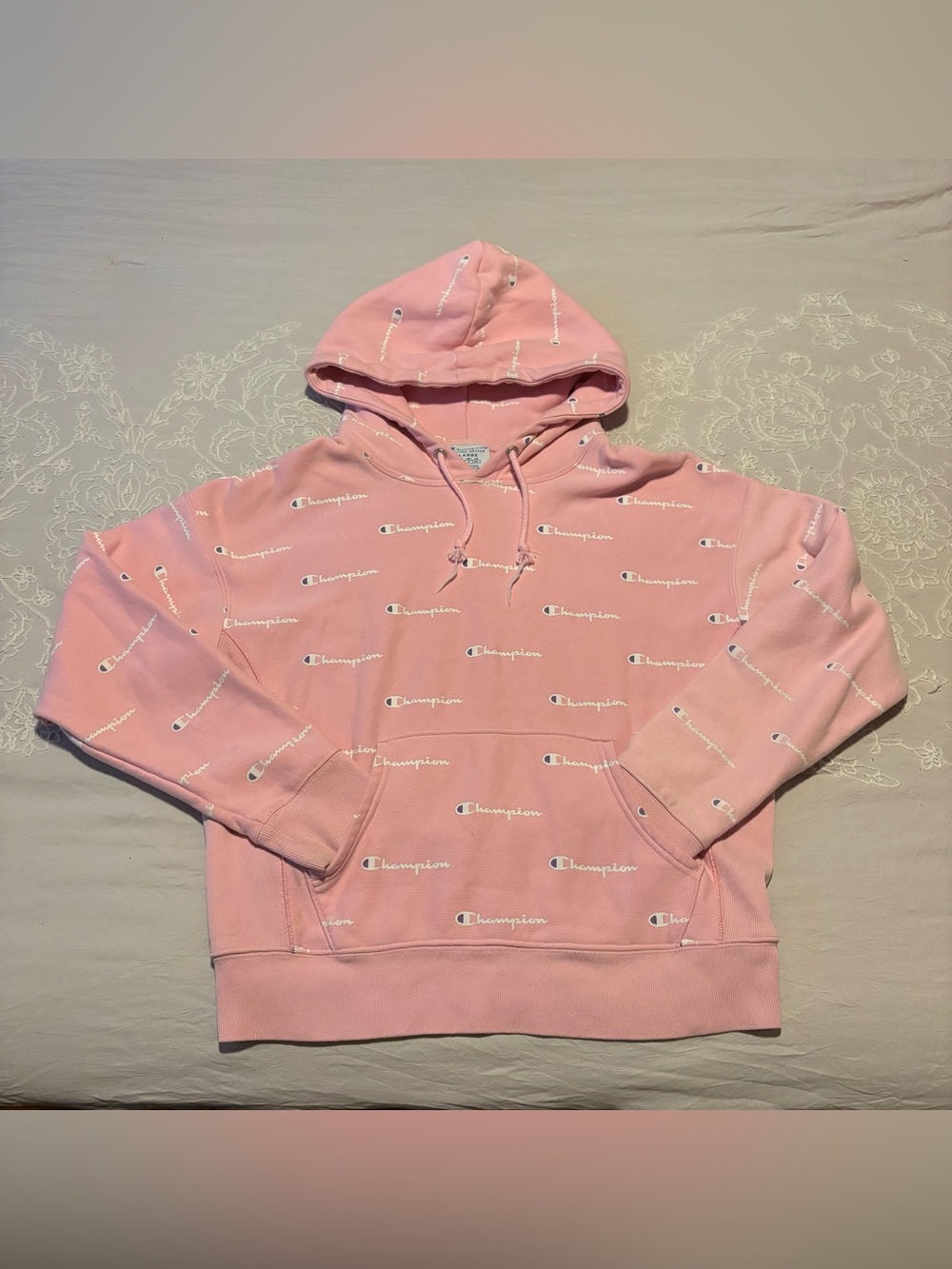 Champion Pink All-Over Logo Hoodie Sweatshirt Reverse Weave